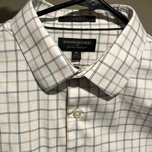 Banana Republic Men's Checkered Shirt - White and Brown